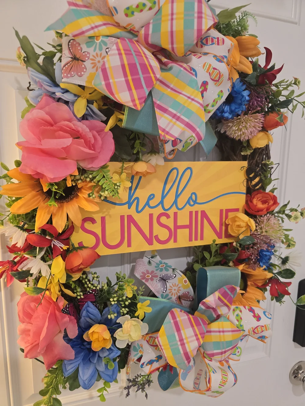 Hello Sunshine Floral Spring Wreath with Rainbow Bows